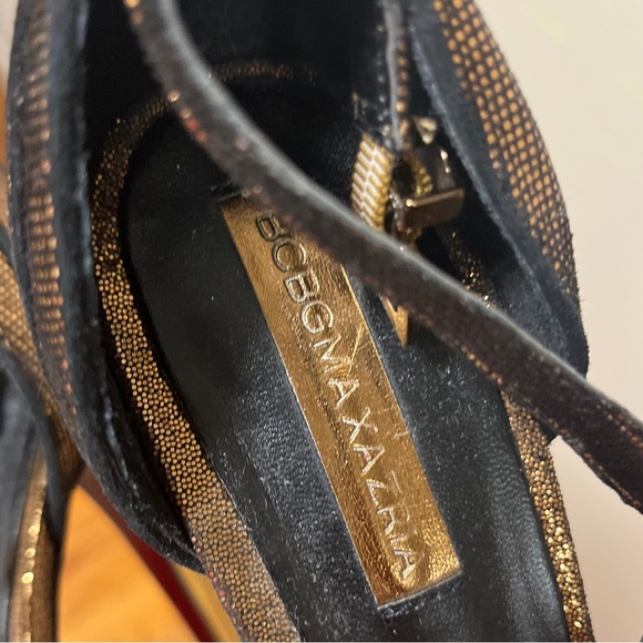 BCBGMaxazria FLORRIE BRONZE METALLIC LEATHER T STRAP HEELS Size  7 1/2 - Picture 4 of 6
